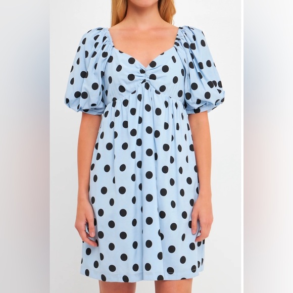 New English Factory Dotted BabyDoll Mini Dress Blie Puff Sleeve Large prairie - Picture 2 of 14